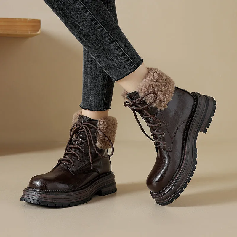 45mm Platform Shearling Lined Leather Combat Boots Designer High Top Boots in Coffee/Black