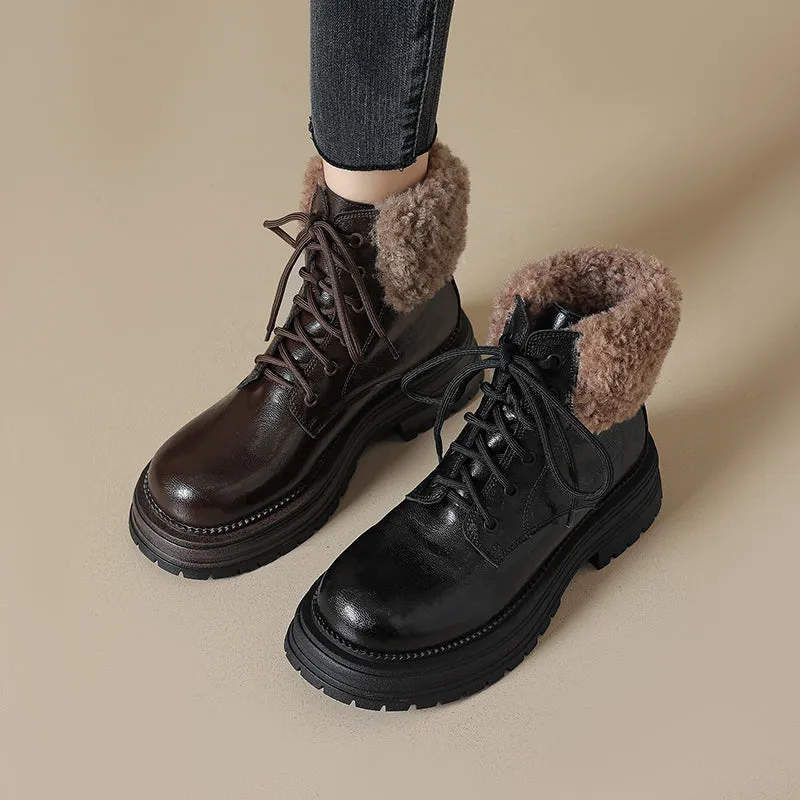 45mm Platform Shearling Lined Leather Combat Boots Designer High Top Boots in Coffee/Black