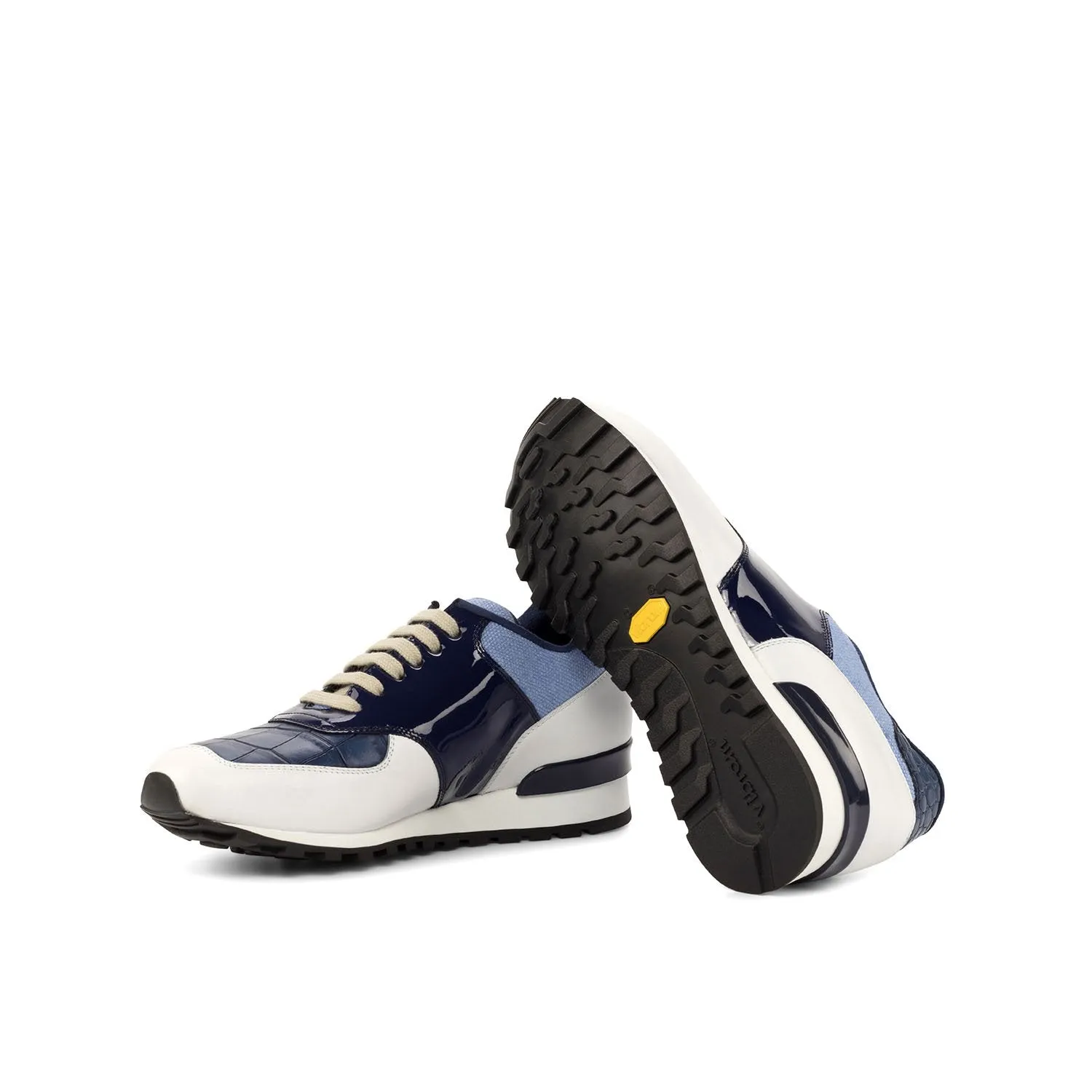 Ambrogio Bespoke Custom Men's Shoes White & Tri-Tone Blue Fabric / Crocodile Print / Calf-Skin Leather Sneakers (AMB1951)