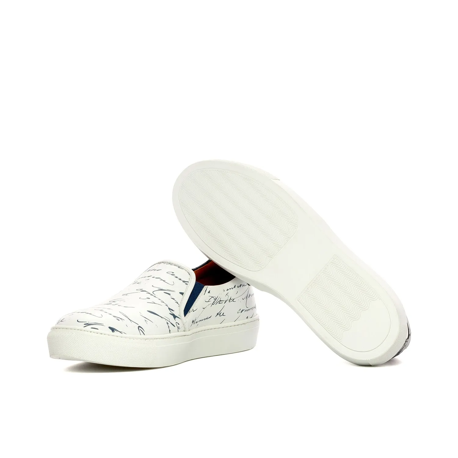 Ambrogio Bespoke Custom Men's Shoes White Crocodile Print / Calf-Skin Leather Stencil Slip-On Sneakers (AMB2350)