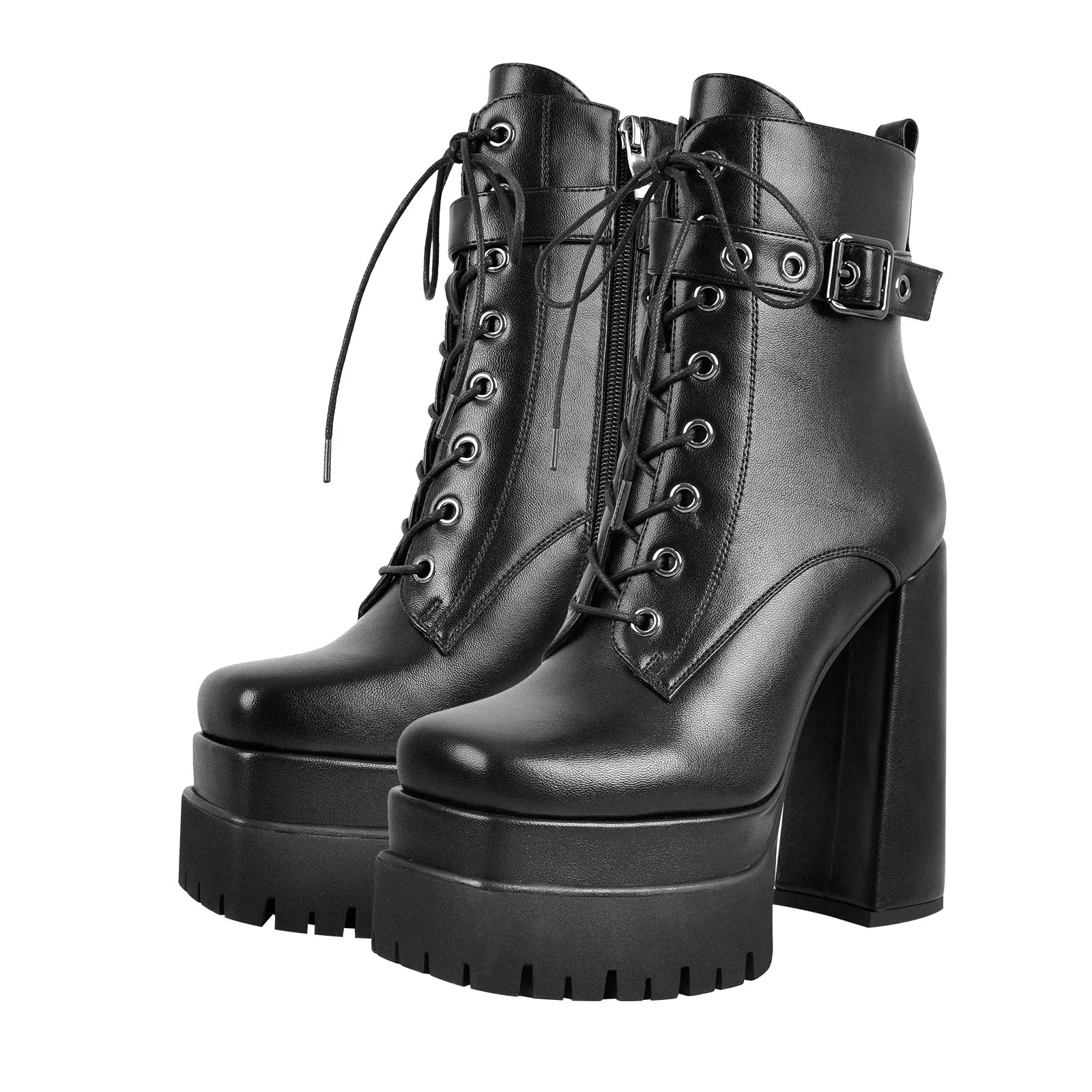 Black Lace up Zipper Chunky Ankle Boots