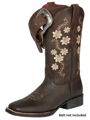 Botas Vaqueras Rodeo con Tubo Bordado de Flores de Piel Genuina para Mujer 'El General' - ID: 44641