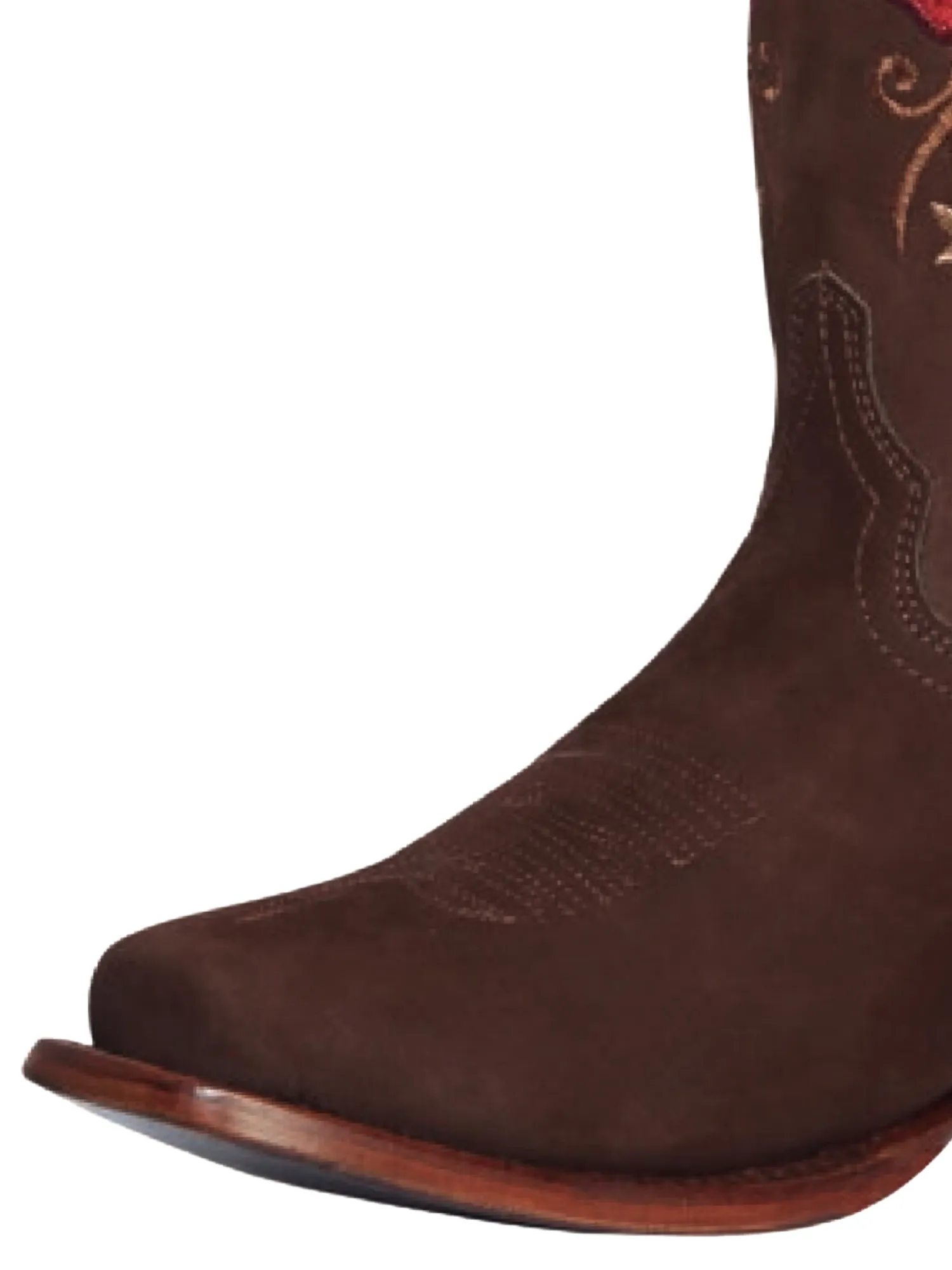 Botas Vaqueras Rodeo con Tubo Bordado de Flores de Piel Nobuck para Mujer 'El General' - ID: 42025