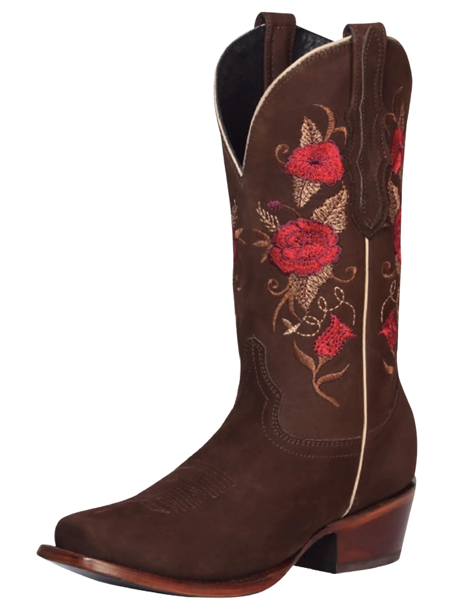 Botas Vaqueras Rodeo con Tubo Bordado de Flores de Piel Nobuck para Mujer 'El General' - ID: 42025