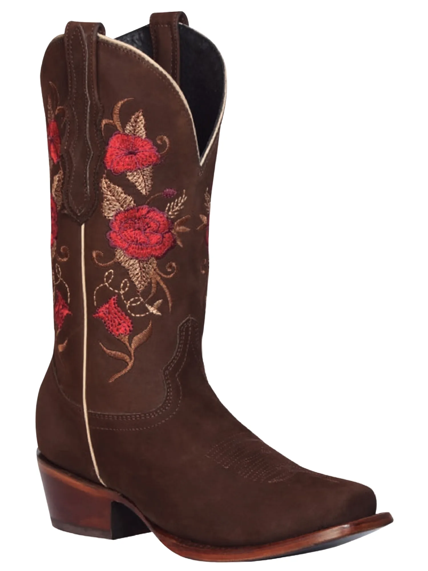 Botas Vaqueras Rodeo con Tubo Bordado de Flores de Piel Nobuck para Mujer 'El General' - ID: 42025