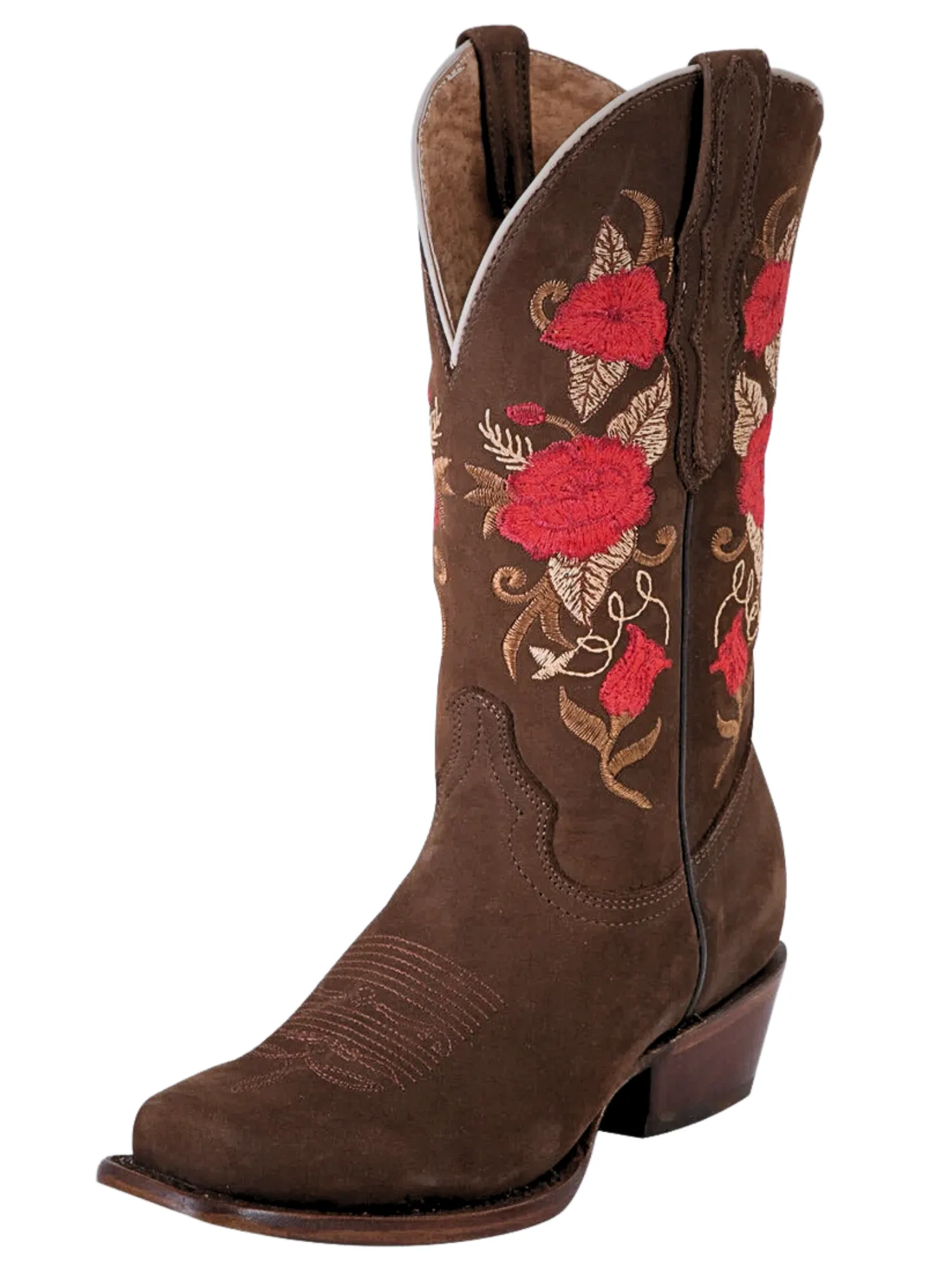 Botas Vaqueras Rodeo con Tubo Bordado de Flores de Piel Nobuck para Mujer 'El General' - ID: 42025