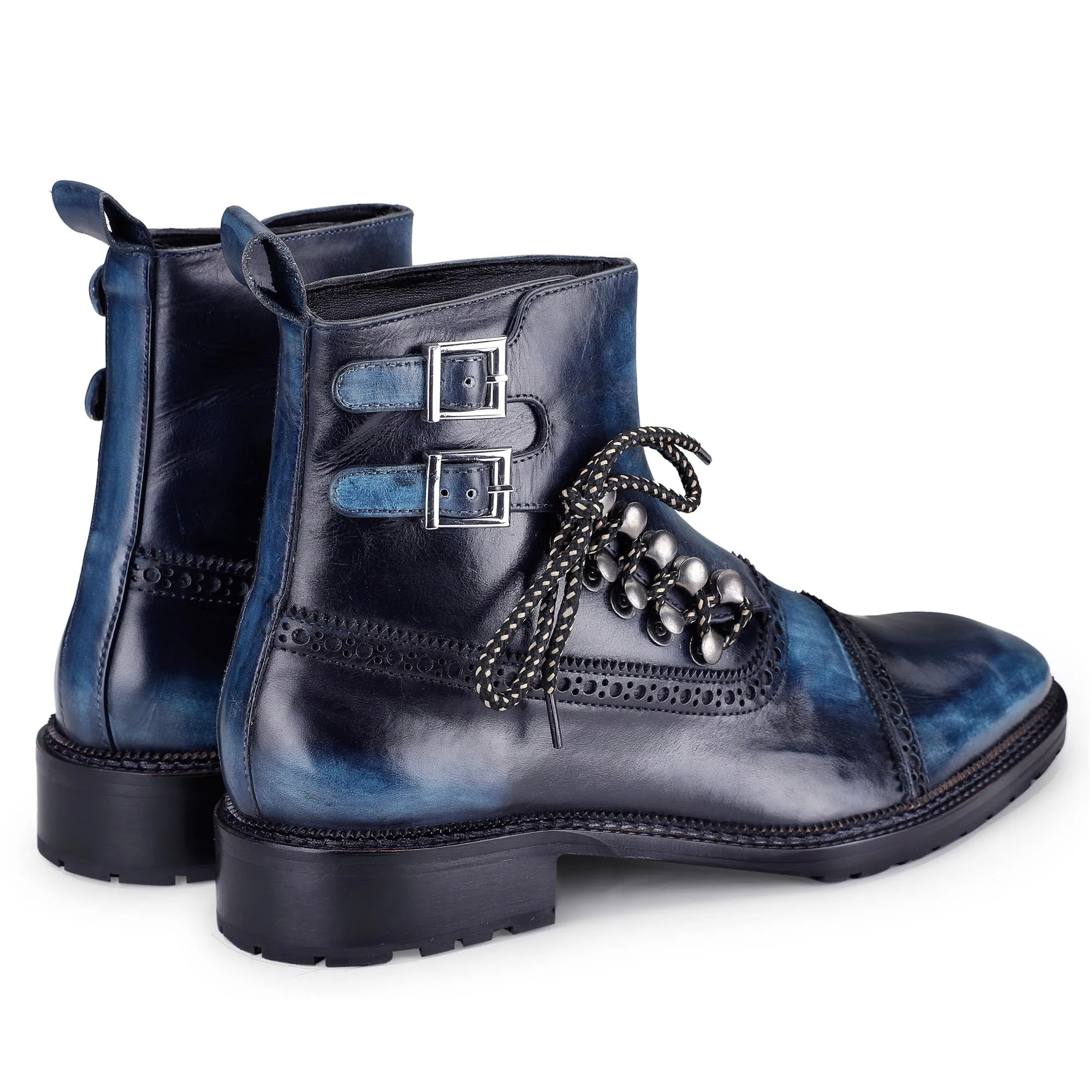 Cap Toe Lace up Boots - Navy