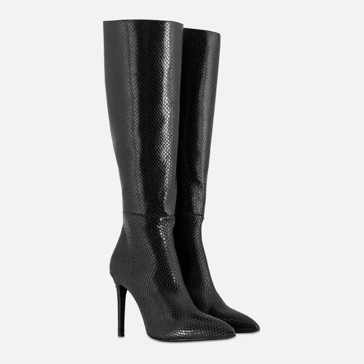 Claire Knee Boot - Black - Snake embossed