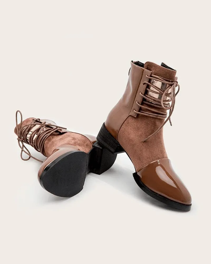 Color-Blocking Lace-up Chunky Heel Ankle Boots