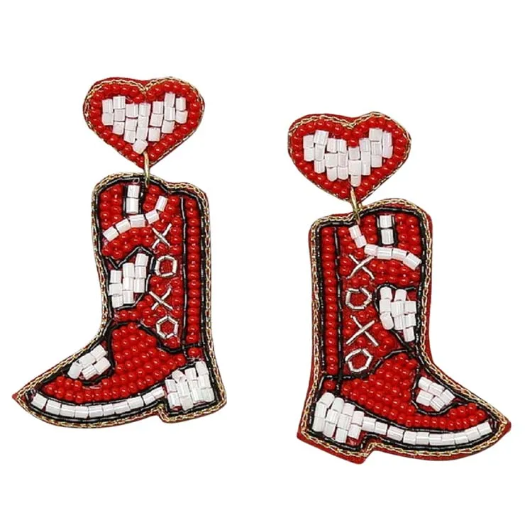 Cowgirl Boots With Heart Seed Bead Earrings