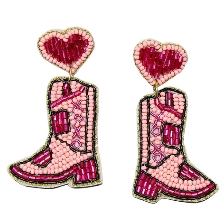 Cowgirl Boots With Heart Seed Bead Earrings