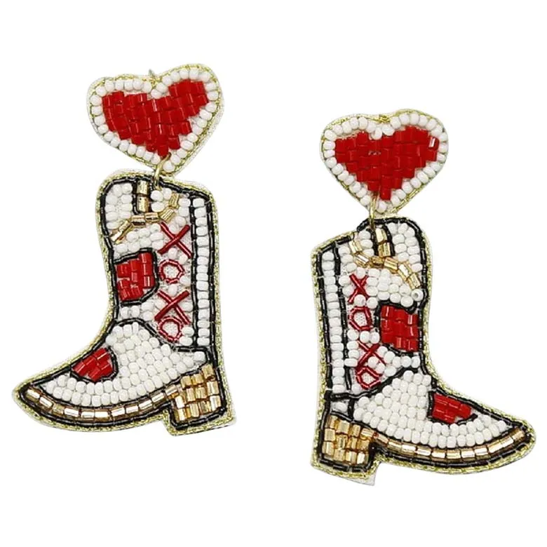 Cowgirl Boots With Heart Seed Bead Earrings