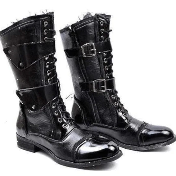 Men's Military Faux Leather Multi Buckles Martin Boots