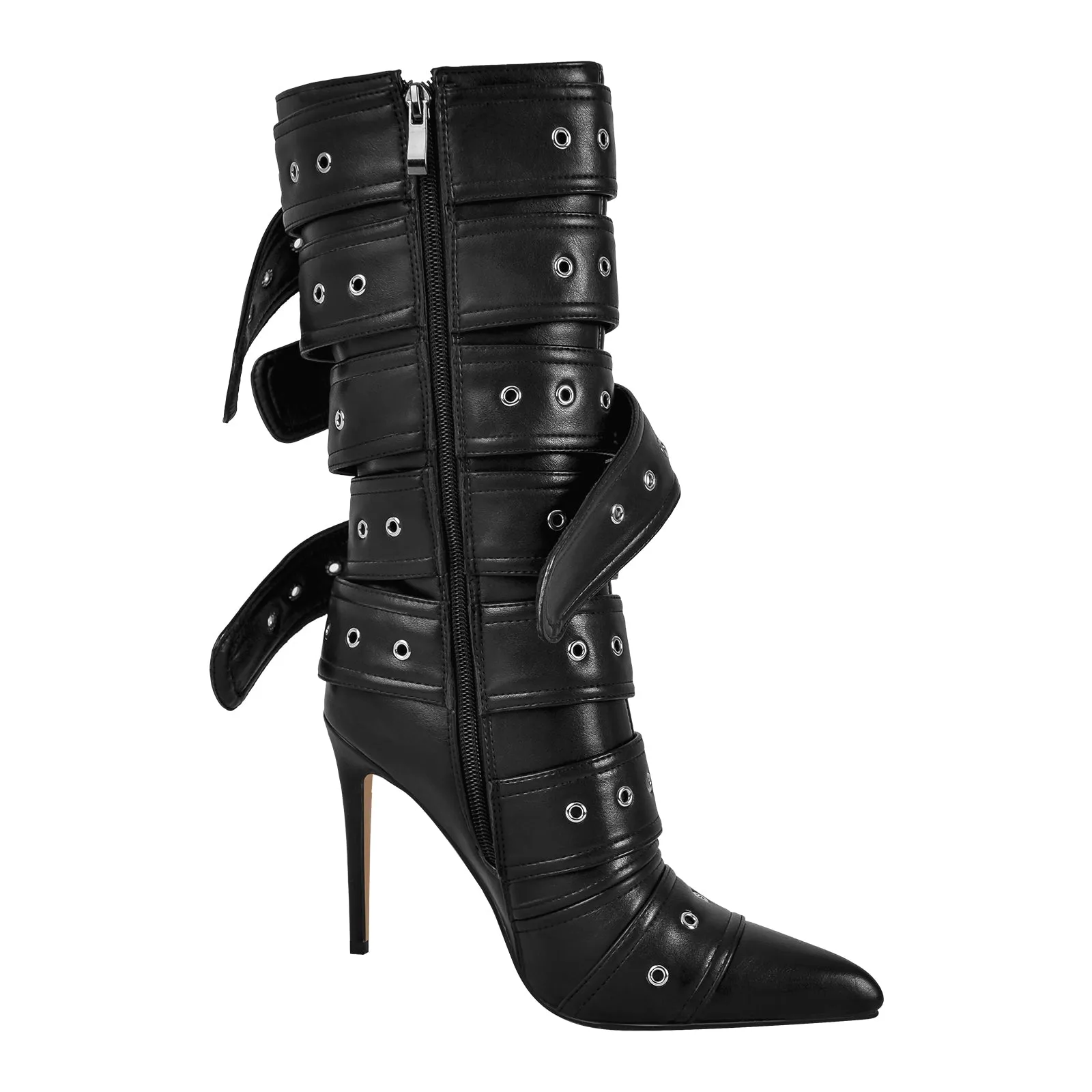 Metallic Pointed Toe Buckles Stiletto Ankle Boots