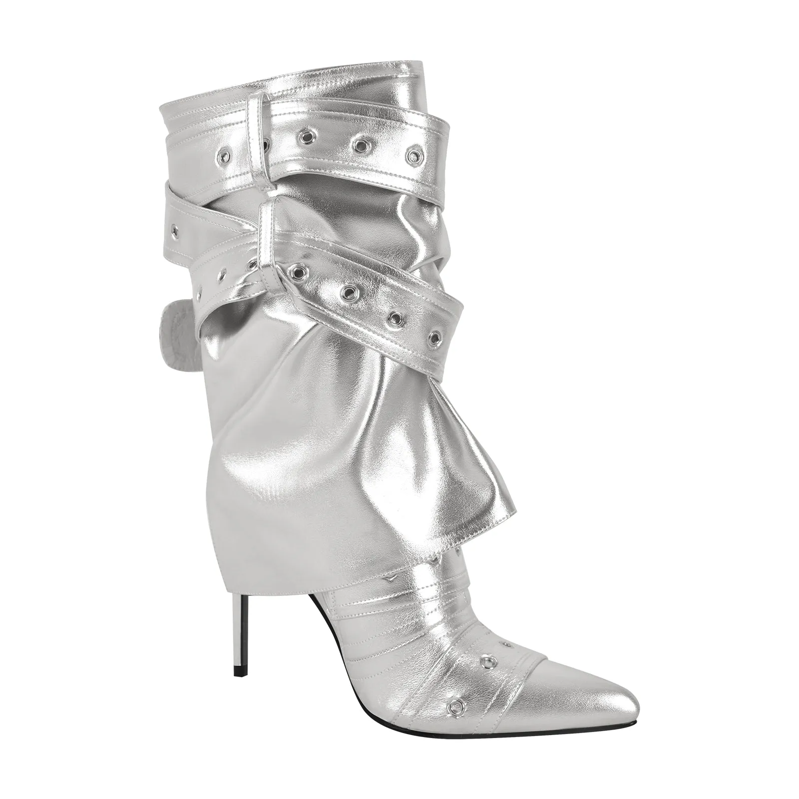 Metallic Pointed Toe Buckles Stiletto Ankle Boots