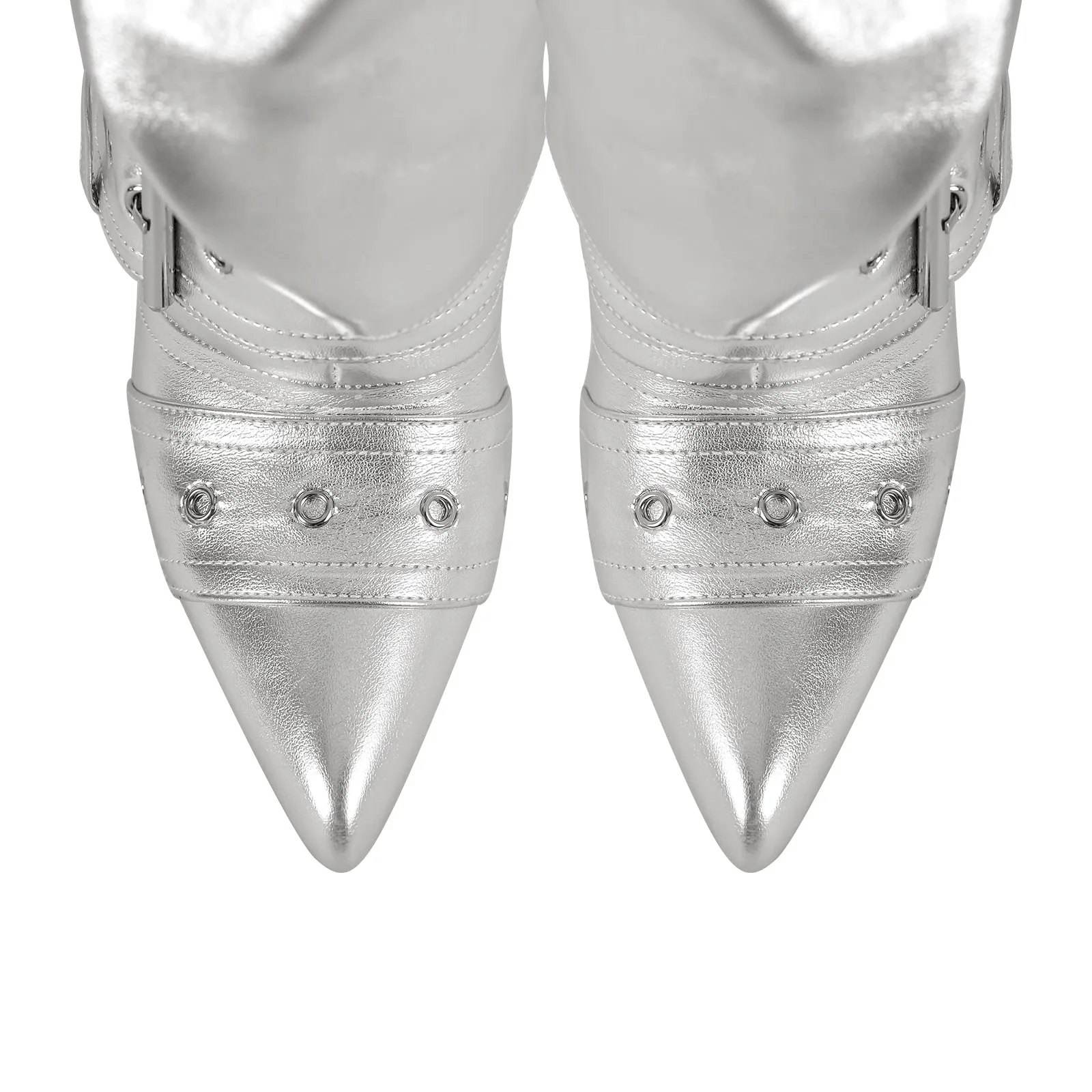 Metallic Pointed Toe Buckles Stiletto Ankle Boots