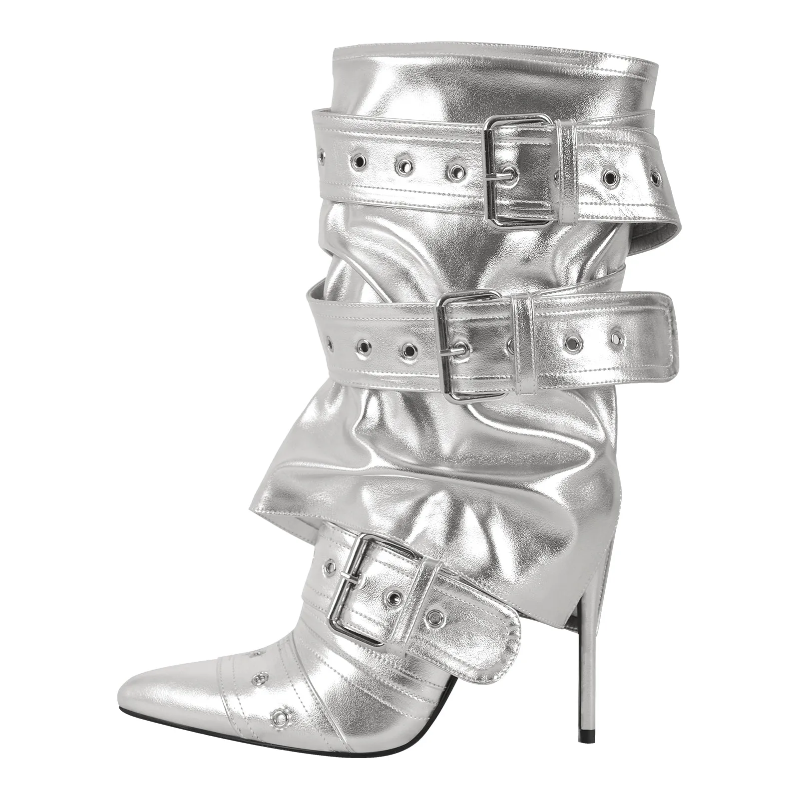 Metallic Pointed Toe Buckles Stiletto Ankle Boots