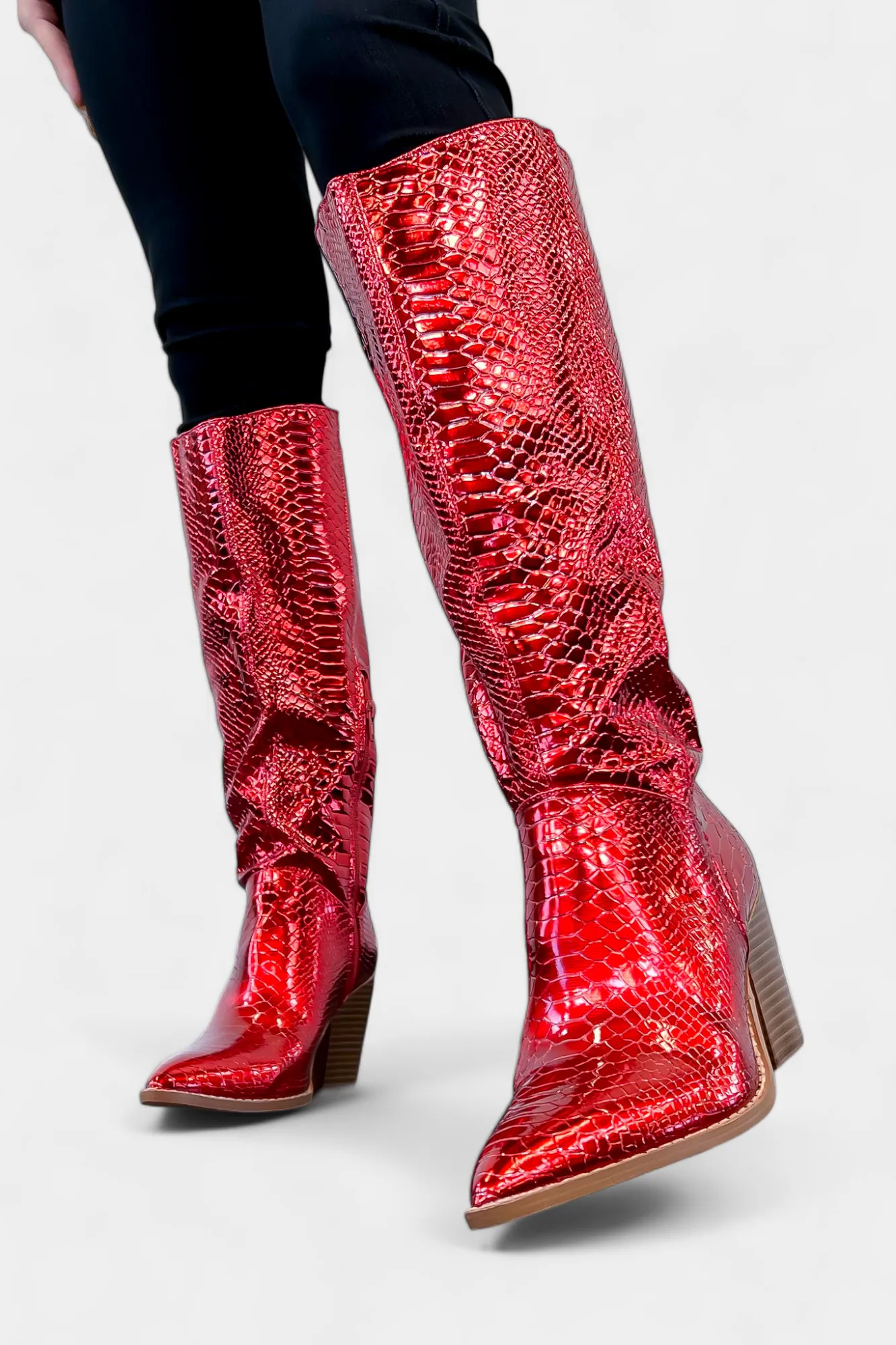 Metallic Red Snake Skin Boots