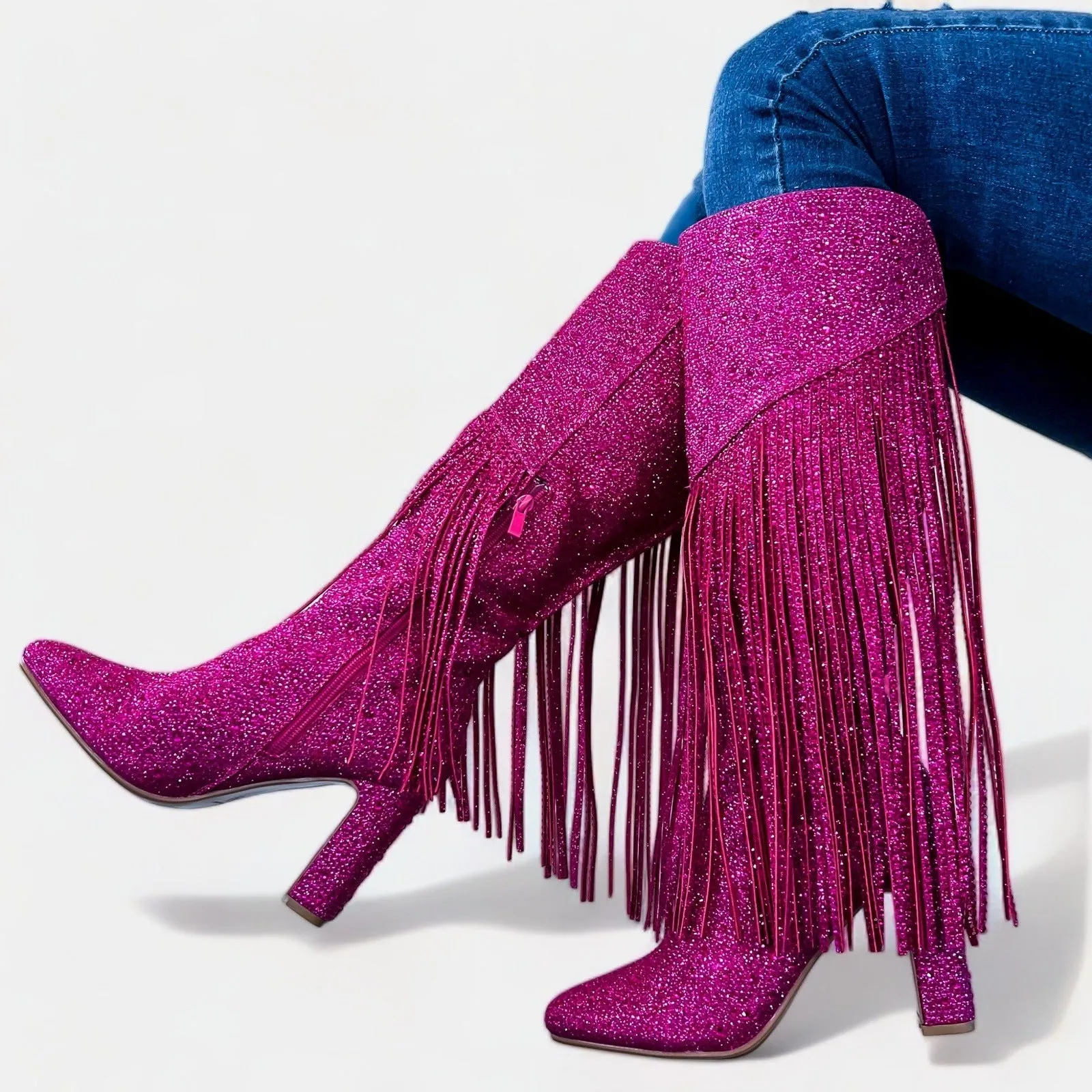 Pink Fringe Rhinestone Boots