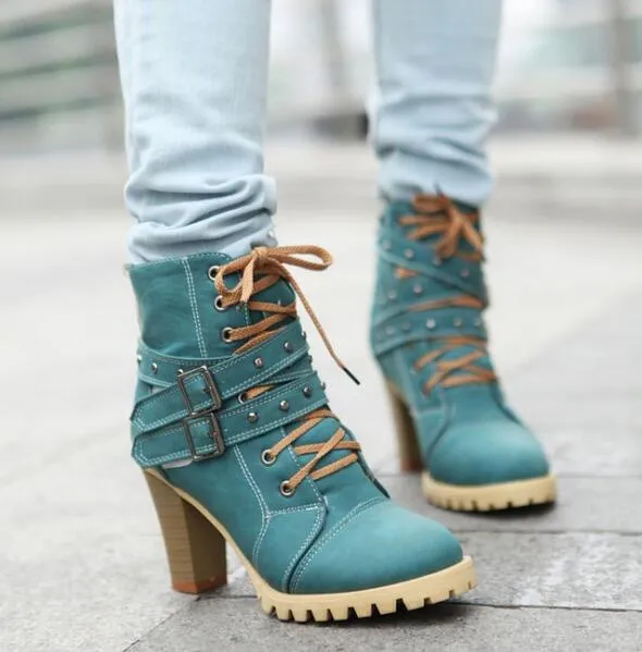 Punk Ankle Boots Womens Ethnic Lace up Buckle Belt Retro Ankle Boots