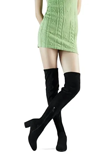 Shoe'N Tale Women Stretch Suede Chunky Heel Thigh High Over The Knee Boots(5,Balck 2.4'' Heel)