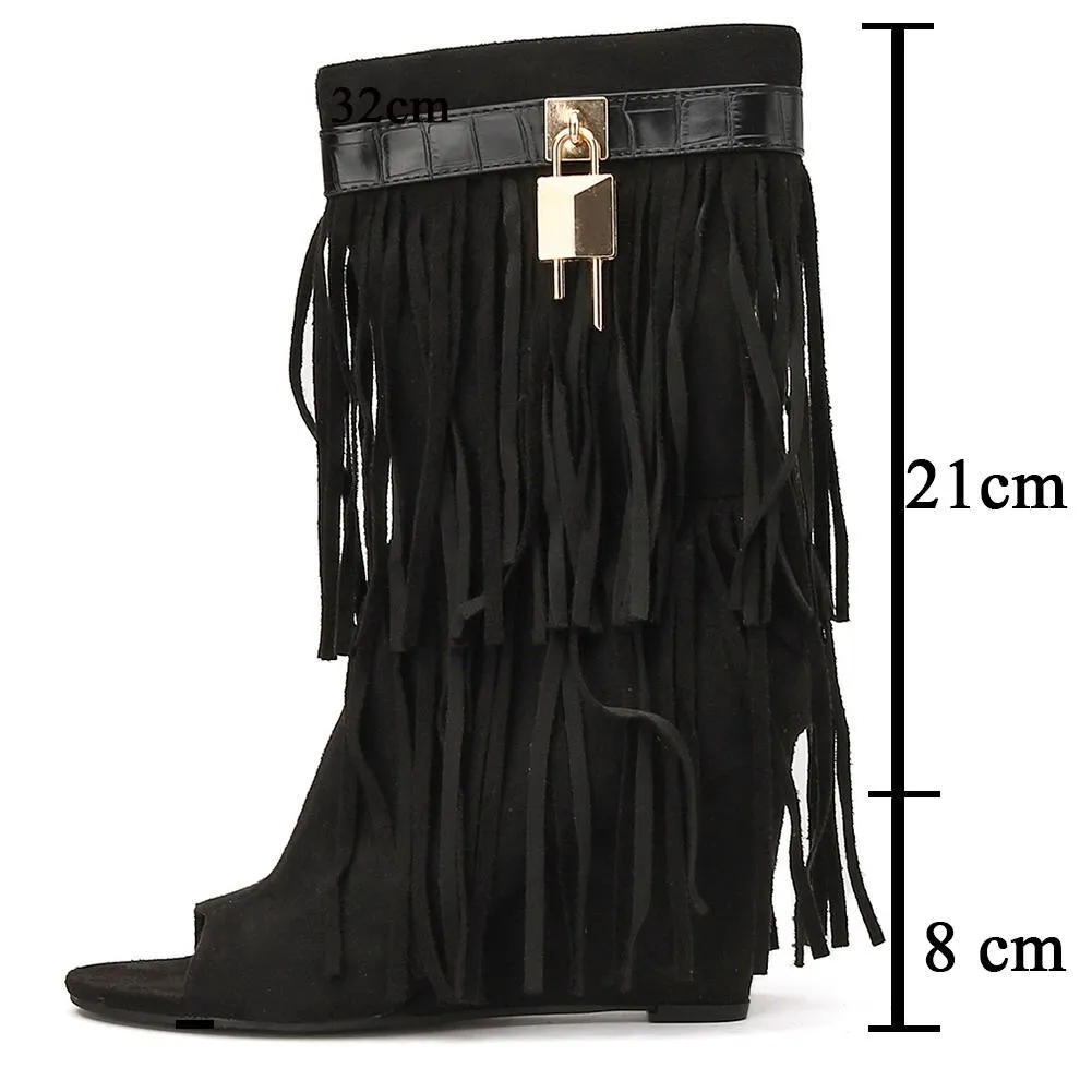 Summer Cowgirl Boots Tassle Peep Toe Summer Boots For Women Lock Decor Zipper Wedges Fringe