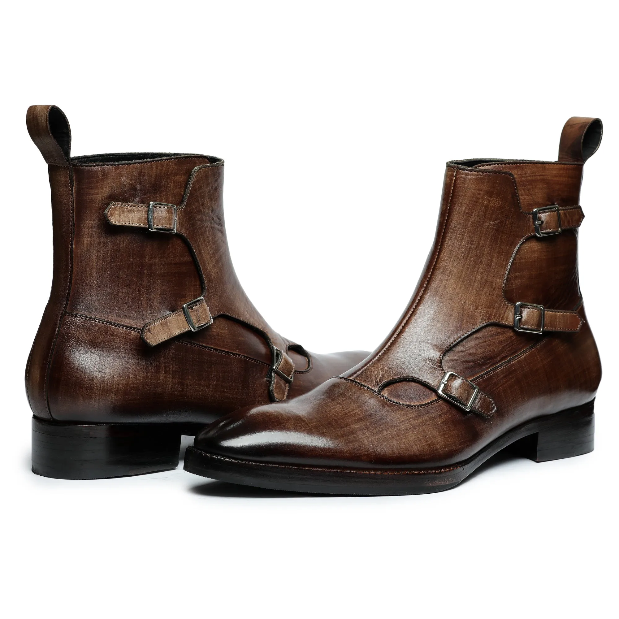 Triple Monk Strap Boots - Brown