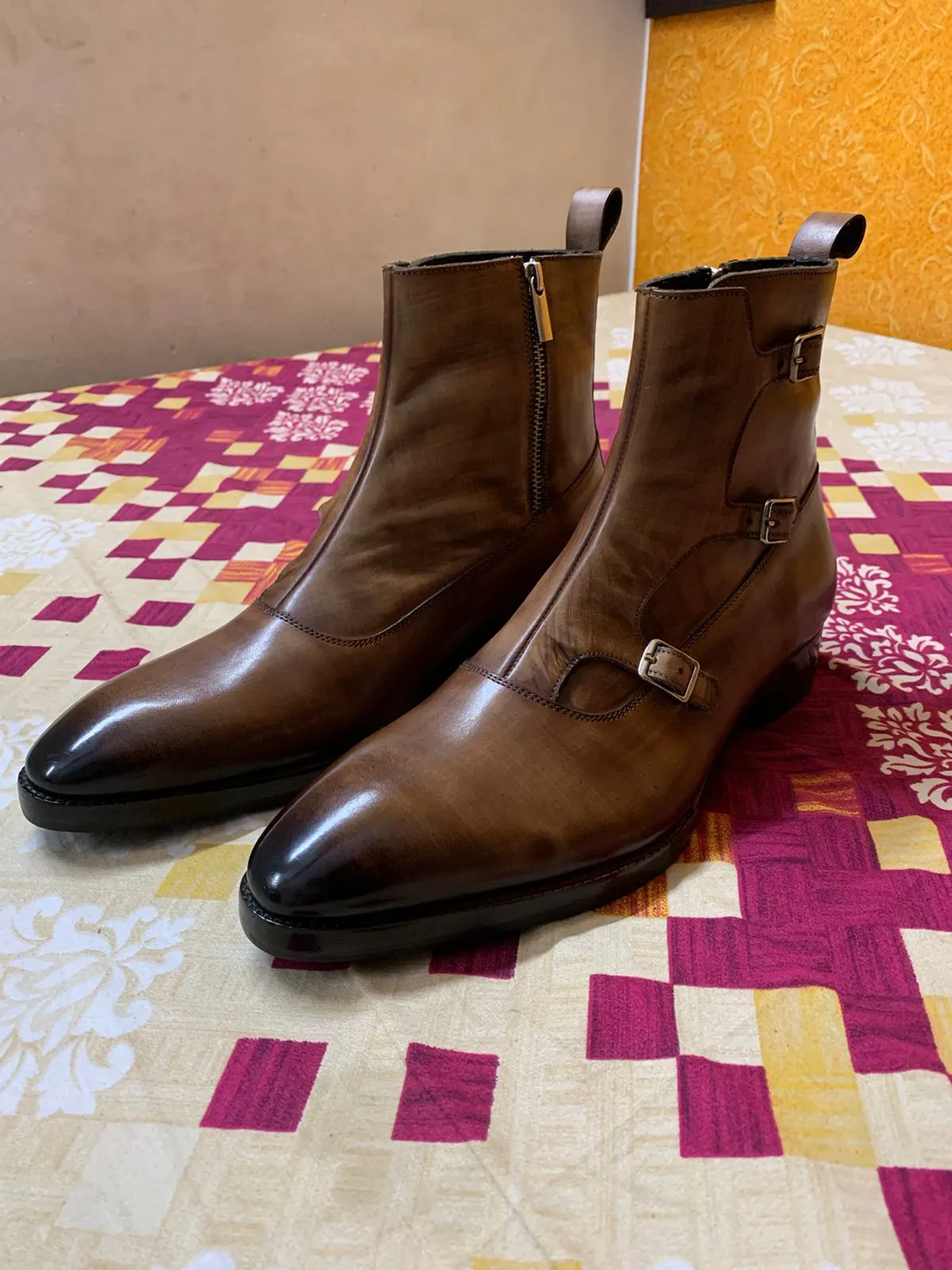 Triple Monk Strap Zipper Boots - Wooden