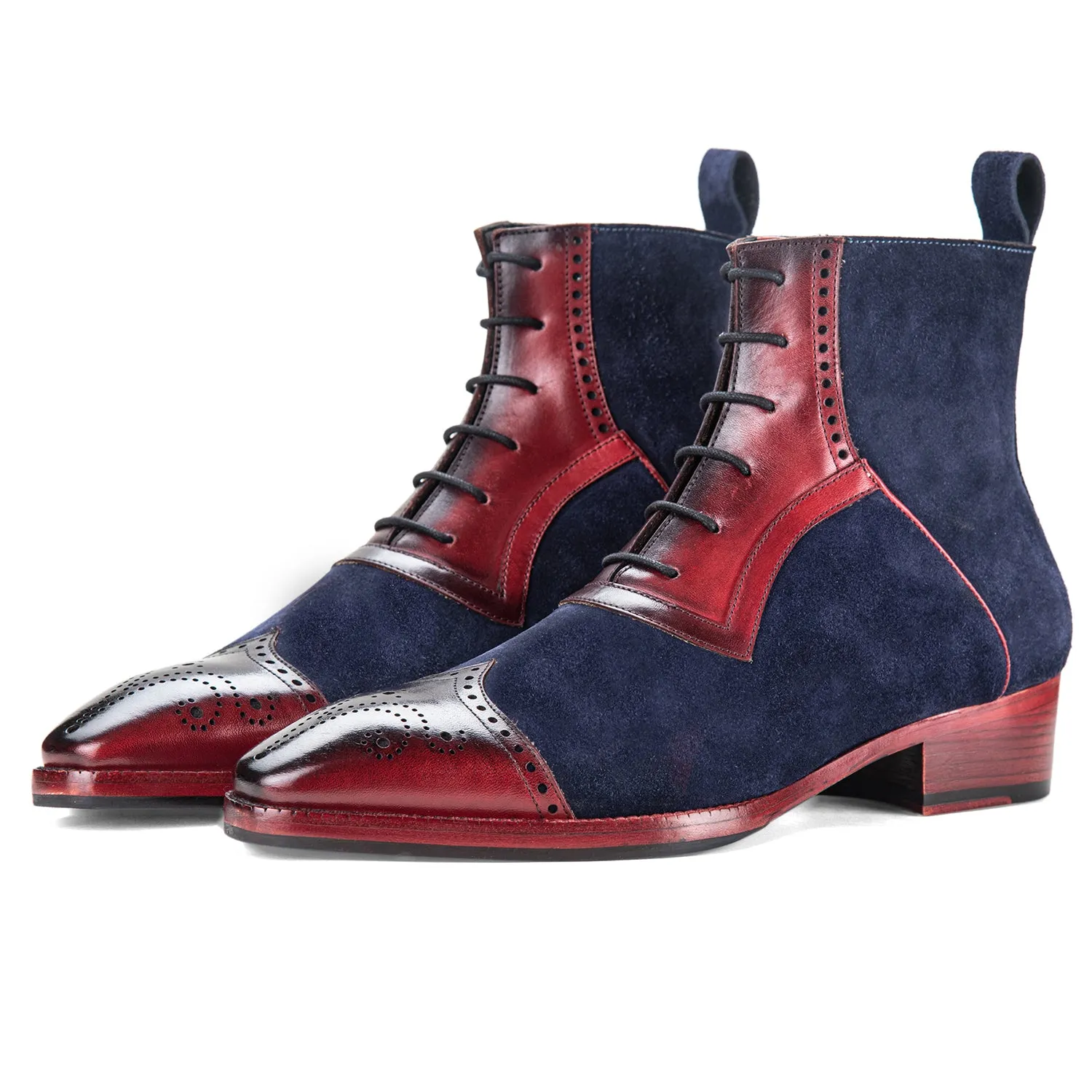 Wingtip Lace Up Ankle Boots - Navy Suede & Burgundy