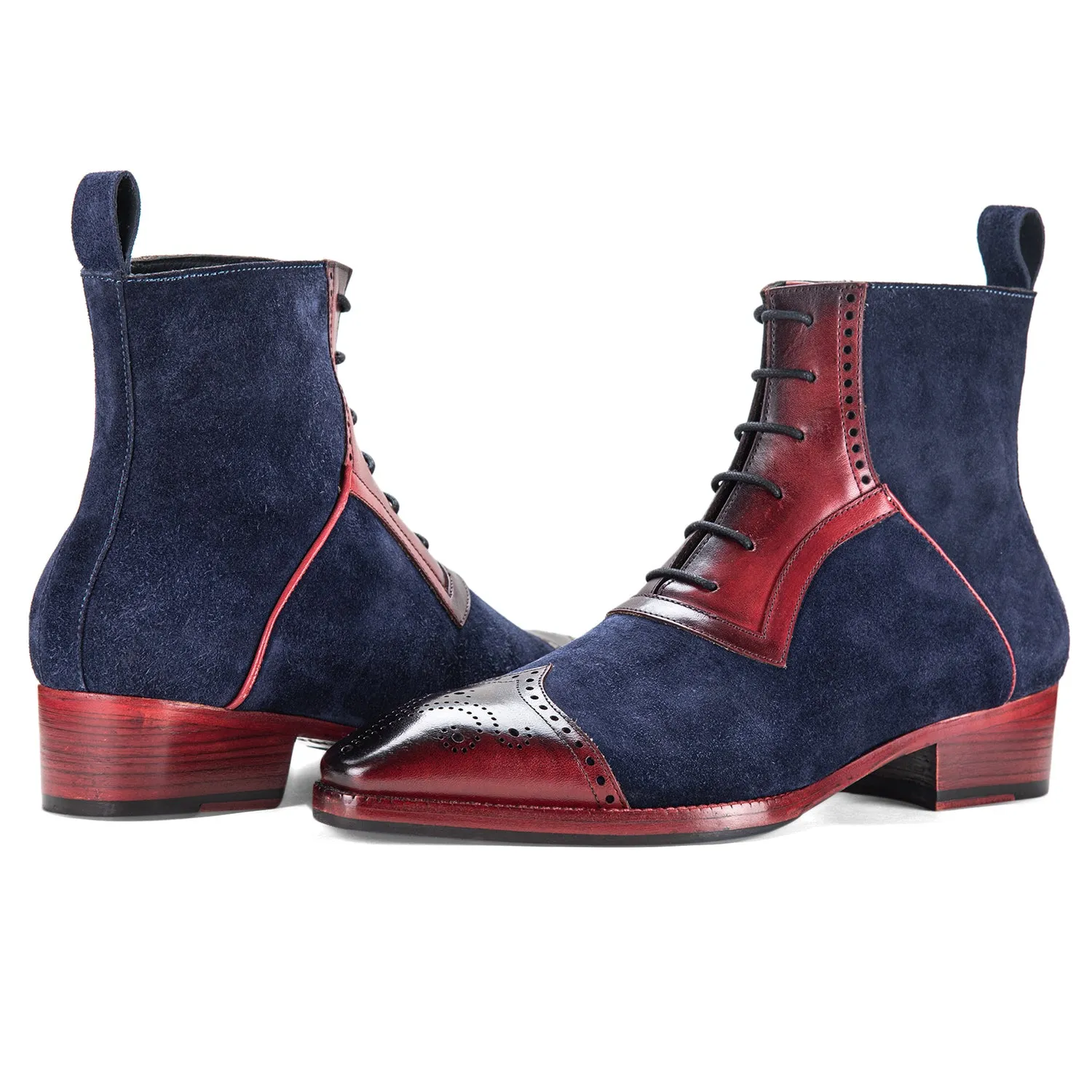 Wingtip Lace Up Ankle Boots - Navy Suede & Burgundy