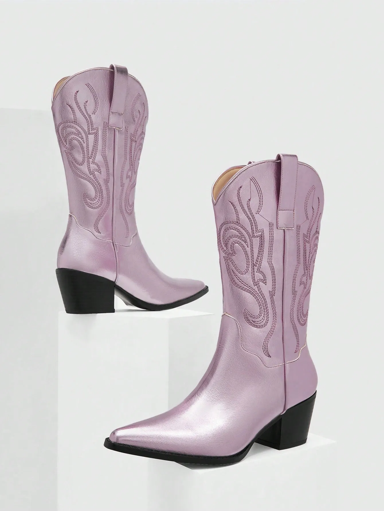 Women Metallic Pink Stitch Detail Western Boots, Glamorous Outdoor Fashion Boots