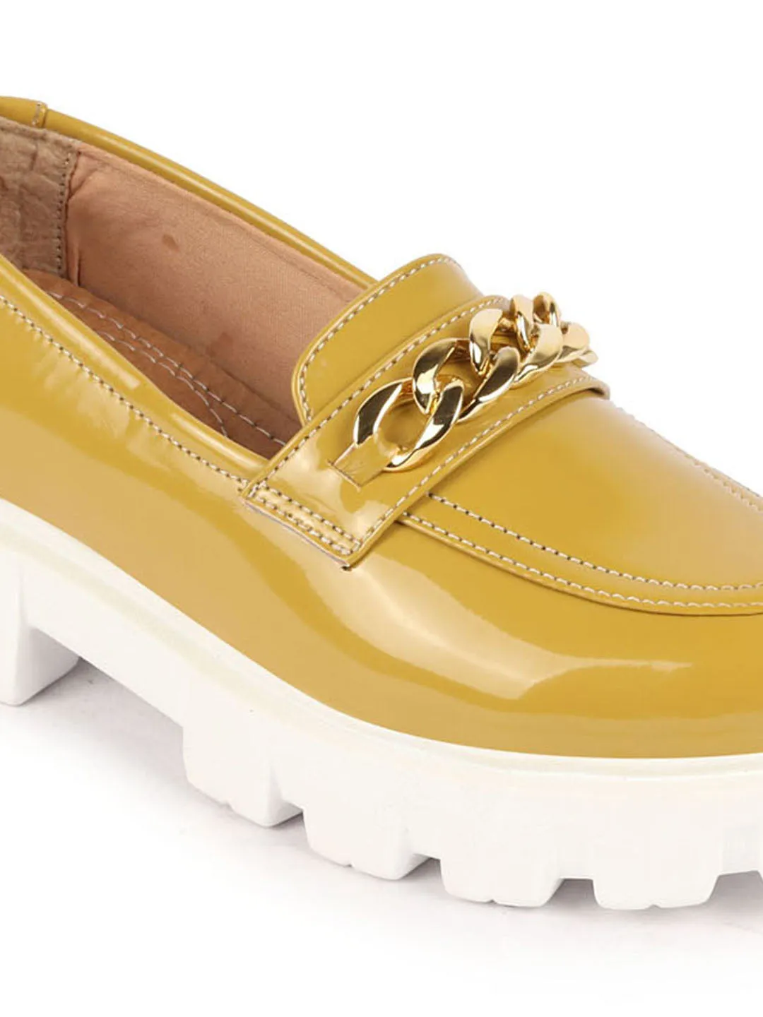 Women Mustard Patent Leather Shiny Chain Buckle Classic Casual Slip On Loafer Shoes