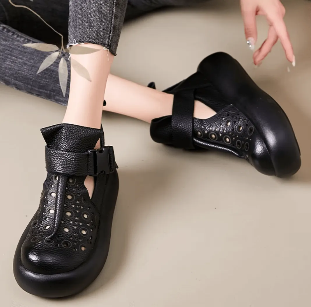 Women Summer Hollow Leather Wedge Boots