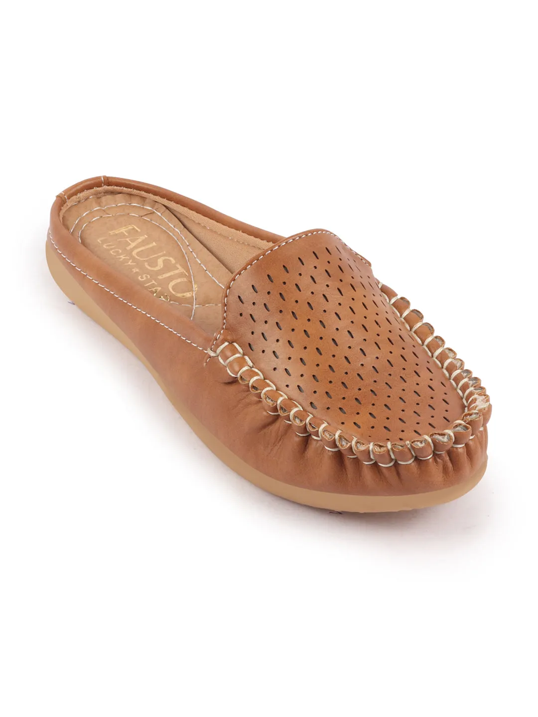 Women Tan Side Stitched Laser Cut Design Back Open Slip On Mules Shoes