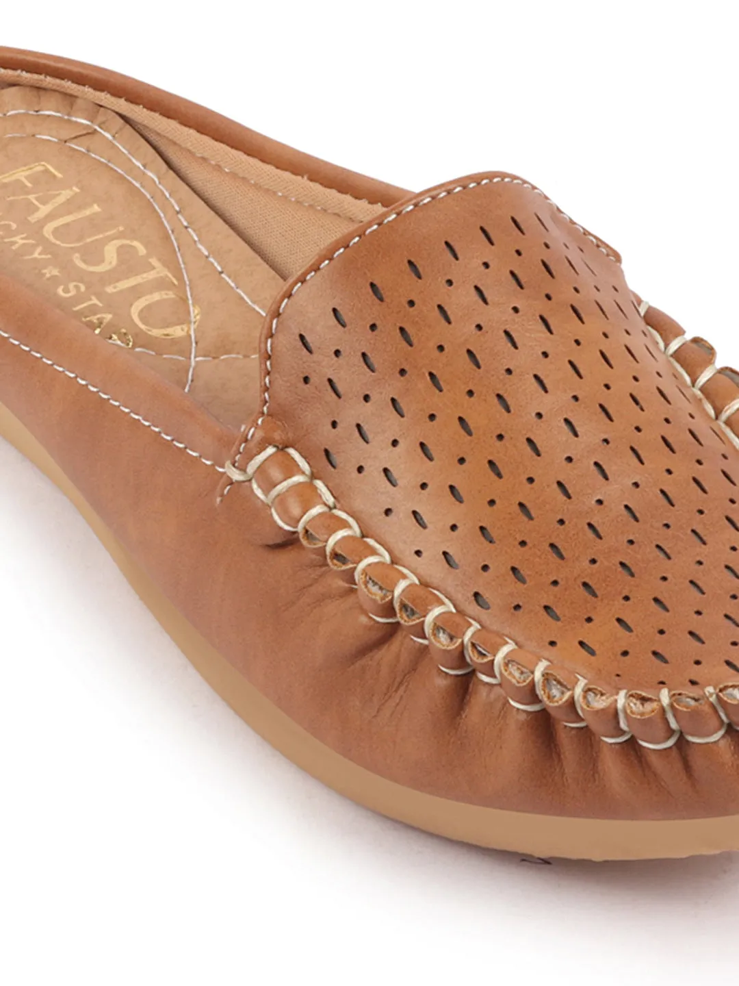 Women Tan Side Stitched Laser Cut Design Back Open Slip On Mules Shoes